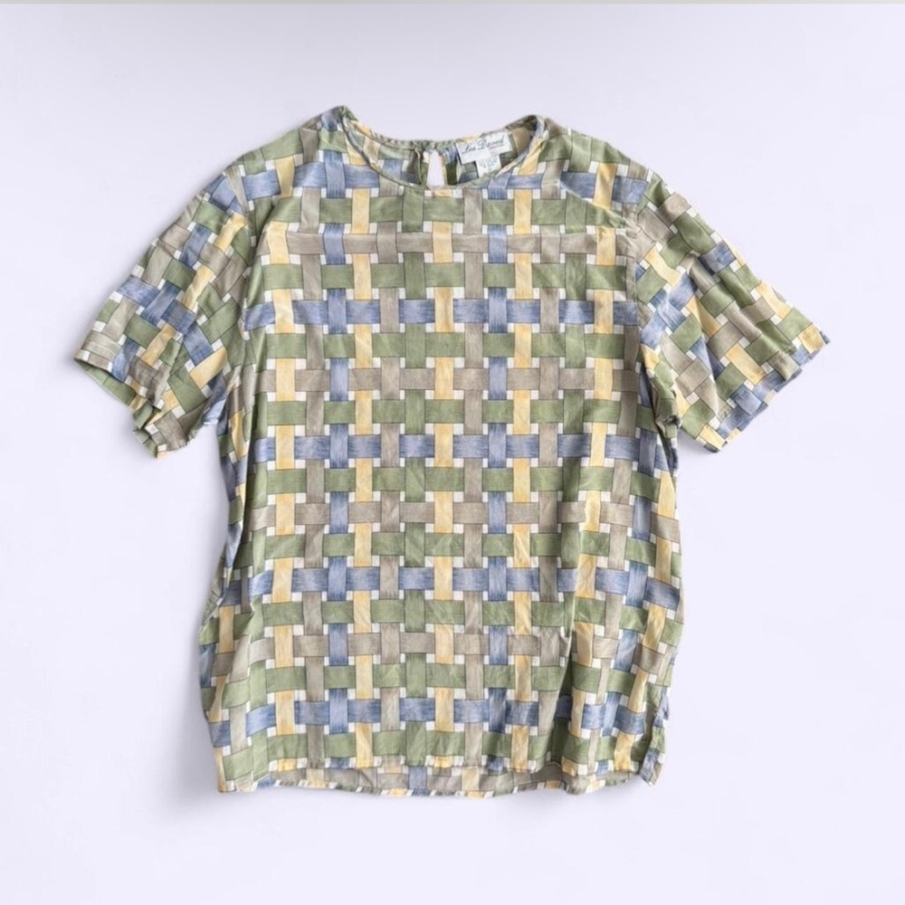 Vintage Lee David 100% Silk Ribbon Print Short Sleeve Blouse Green Blue L